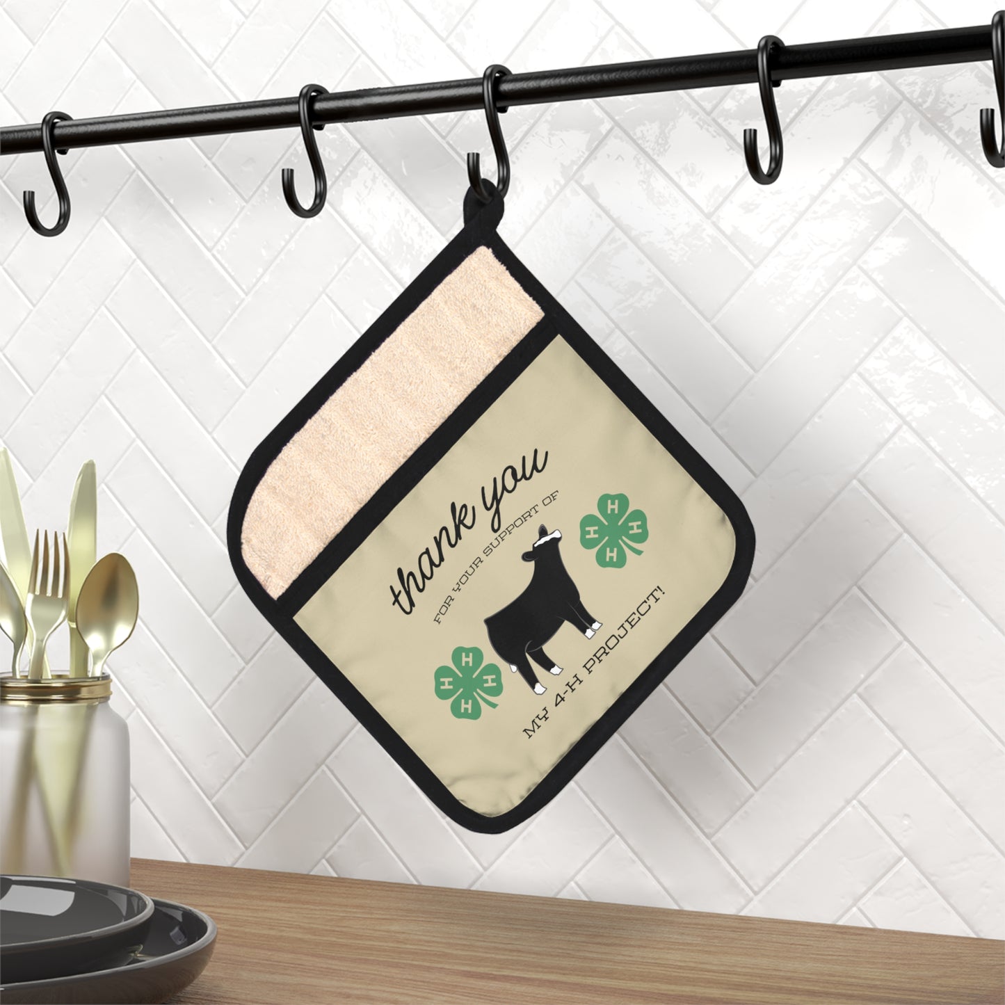 4H Club Buyers Gift - Pot Holder with Pocket | Baldie Show Steer Buyer Gift | 4-H Clover | County Fair Buyers Gift | Livestock Thank You
