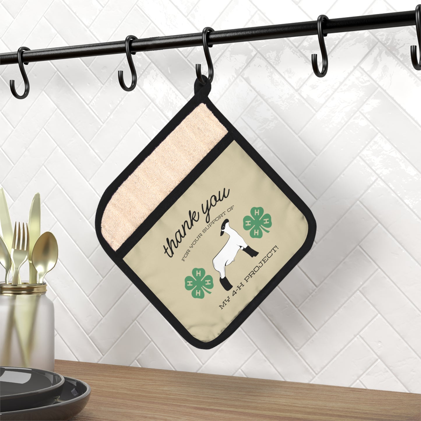4H Club Buyers Gift - Pot Holder with Pocket | Show Lamb Buyer Gift | 4-H Clover | County Fair Buyers Gift | Livestock Thank You Gift