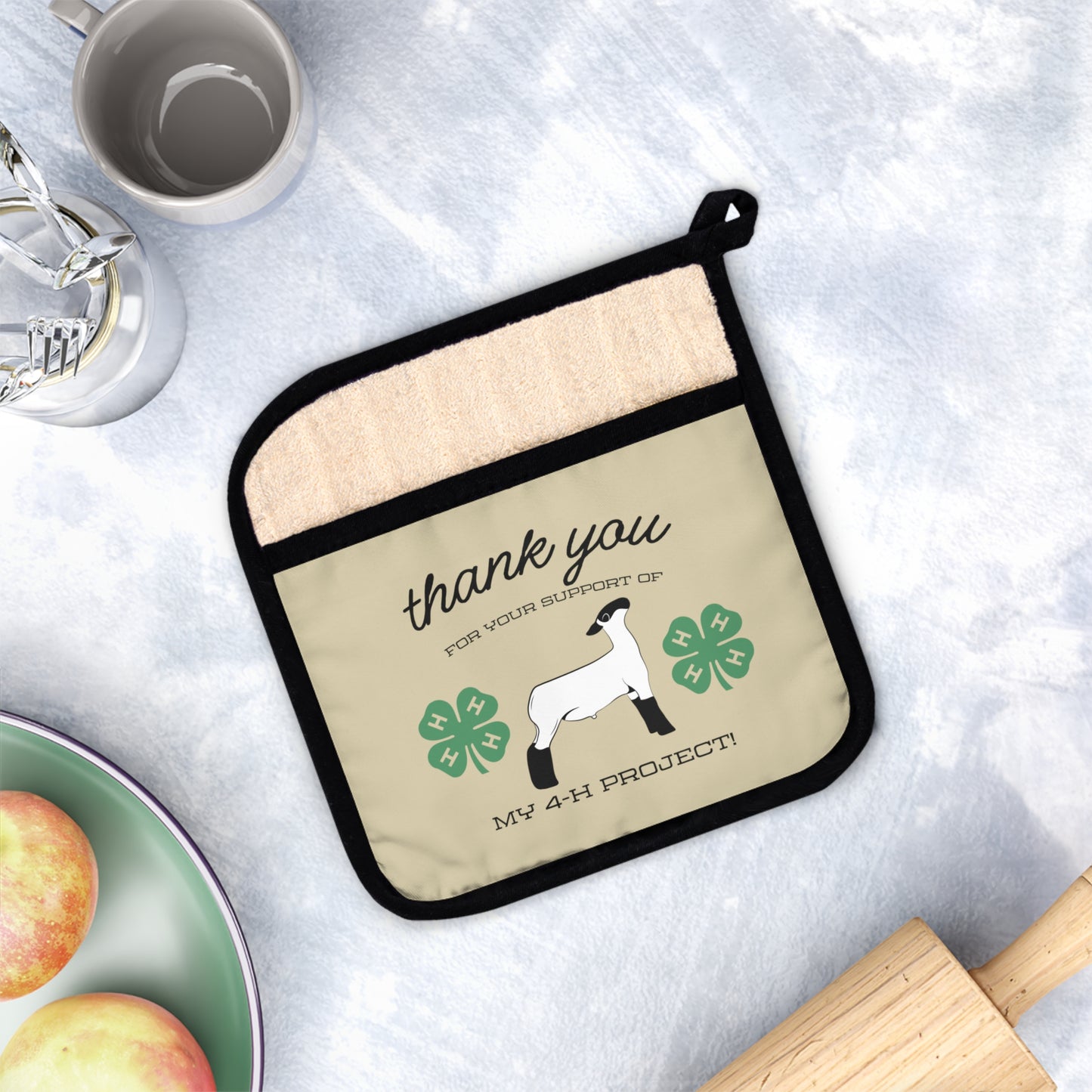 4H Club Buyers Gift - Pot Holder with Pocket | Show Lamb Buyer Gift | 4-H Clover | County Fair Buyers Gift | Livestock Thank You Gift