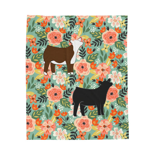 Hereford and Angus Heifer Floral Velveteen Plush Blanket | Show Heifer Gift | Livestock Buyer Gifts | Show Livestock Gift | Livestock Award