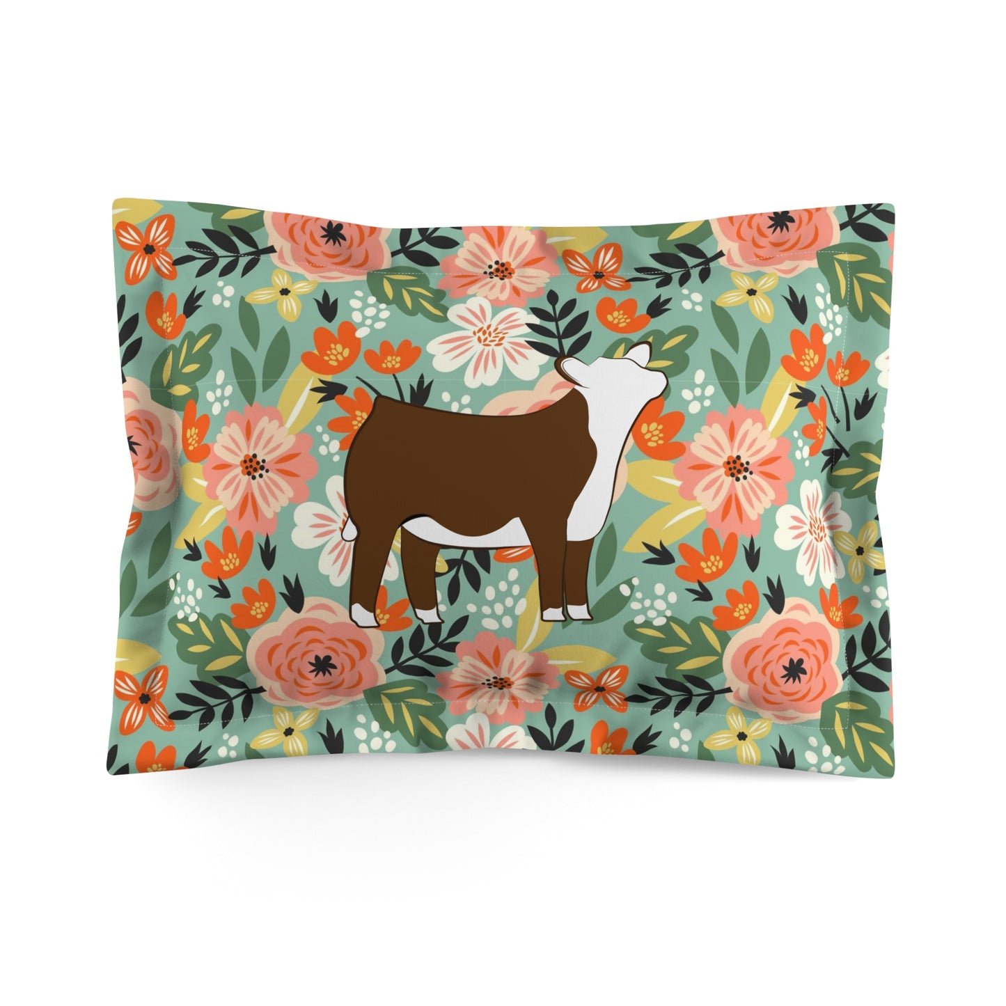 Girls Room Decor Idea: Floral Pillow Sham with Cute Show Hereford Heifer Design