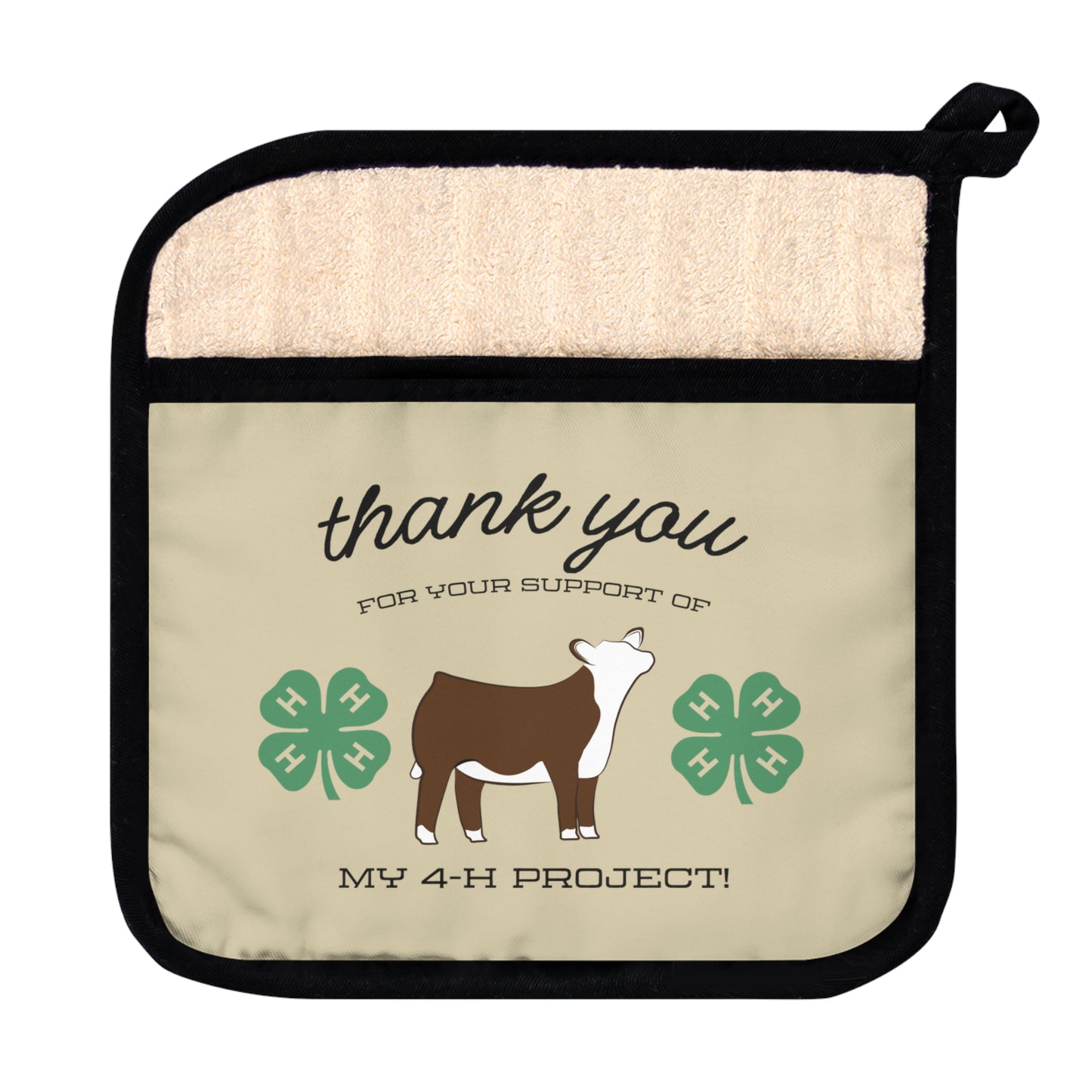 4H Club Buyers Gift - Pot Holder with Pocket | Show Steer Buyer Gift | 4-H Clover | County Fair Buyers Gift | Livestock Thank You Gift