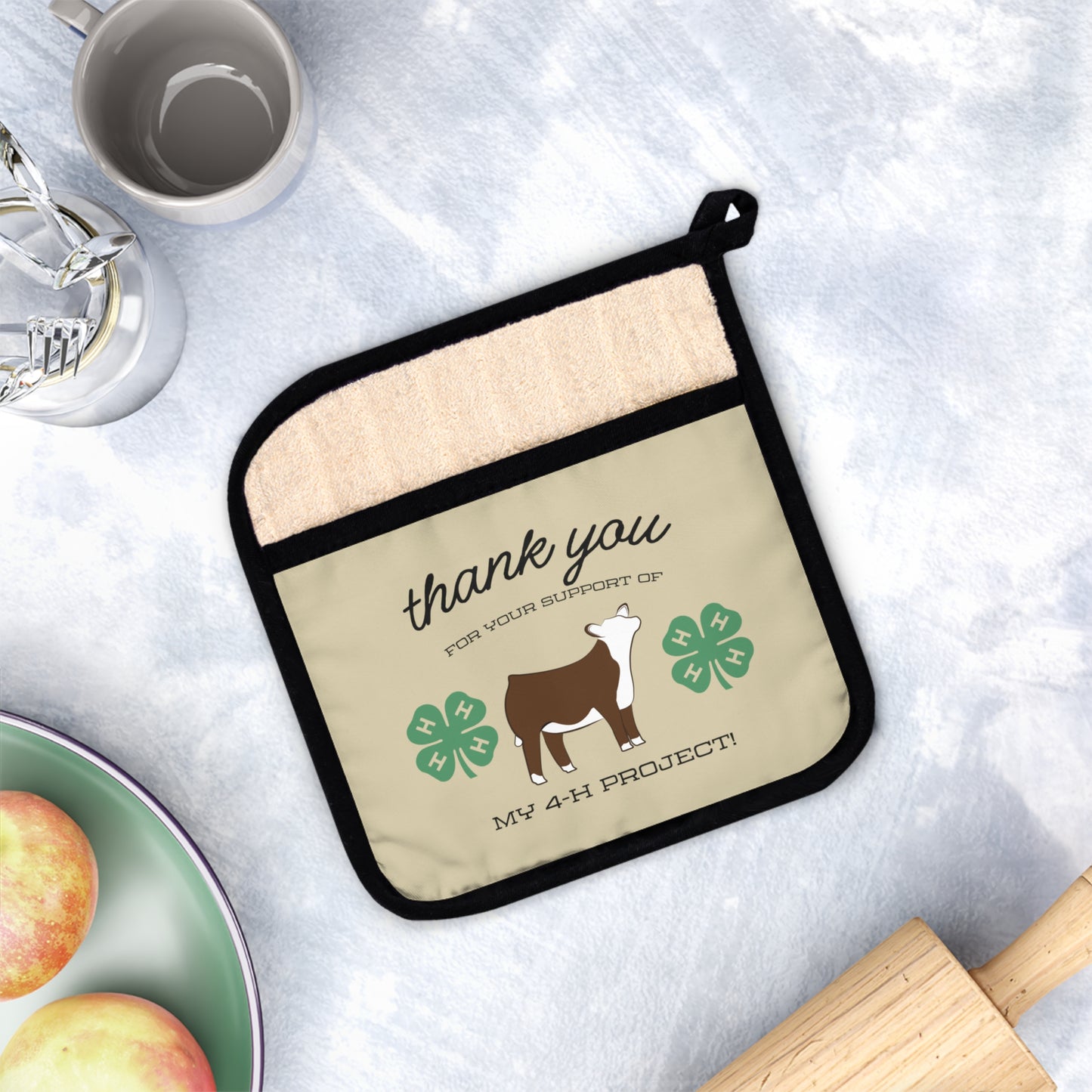 4H Club Buyers Gift - Pot Holder with Pocket | Show Steer Buyer Gift | 4-H Clover | County Fair Buyers Gift | Livestock Thank You Gift