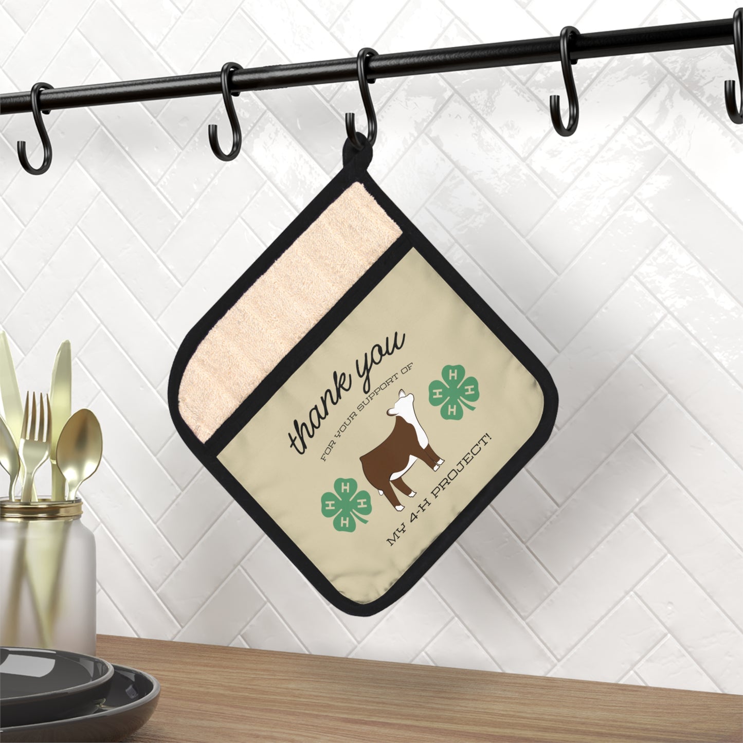 4H Club Buyers Gift - Pot Holder with Pocket | Show Steer Buyer Gift | 4-H Clover | County Fair Buyers Gift | Livestock Thank You Gift